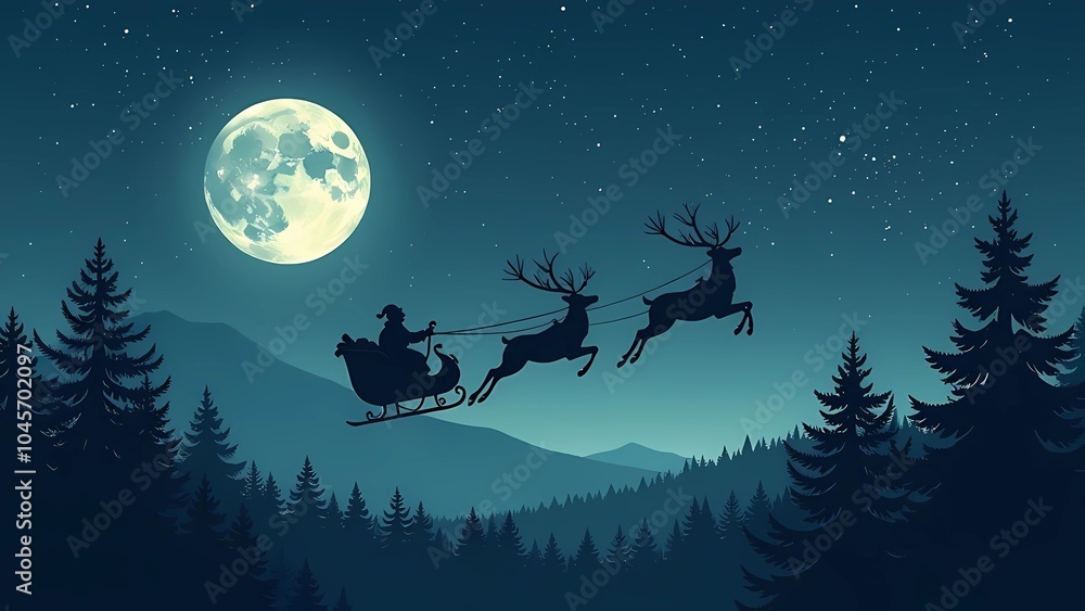 Christmas Card. Silhouette of reindeer flying in sleigh with Santa Claus against the background of full moon and starry sky over pine forest. Christmas Card. Silhouette of reindeer flying in sleigh with Santa Claus against the background of full moon and starry sky over pine forest.