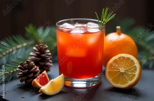 A glass of holiday punch stands among spruce branches, pinecones and citrus slices, creating a cozy atmosphere for the winter holidays