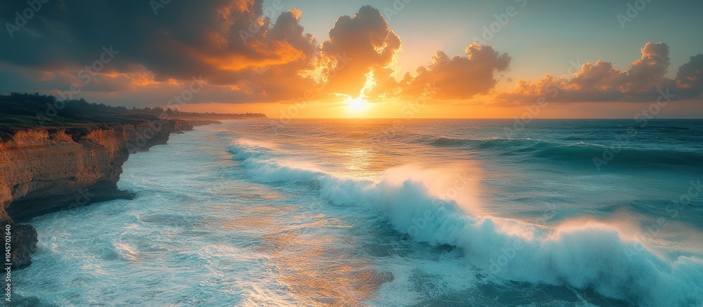 A stunning coastal sunset with waves crashing against cliffs, creating a serene atmosphere. A stunning coastal sunset with waves crashing against cliffs, creating a serene atmosphere.