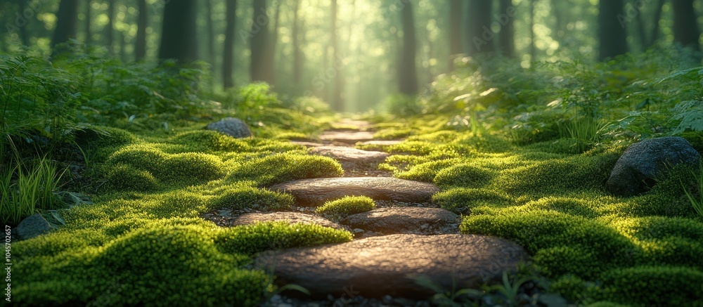 A serene forest path lined with moss and stones, illuminated by soft sunlight. A serene forest path lined with moss and stones, illuminated by soft sunlight.