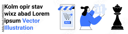 A person shopping online using a mobile app, a shopping cart icon, and a chess piece representing strategy. Ideal for e-commerce, digital shopping, strategic planning, mobile apps, retail. Banner