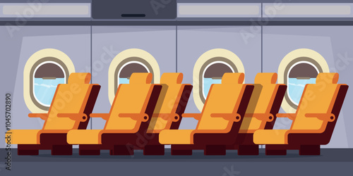 Vector illustration inside the airplane cabin.Cartoon scene of a beautiful interior of an airplane with seats, portholes with a view of the sky. An airplane for transporting passengers and luggage.