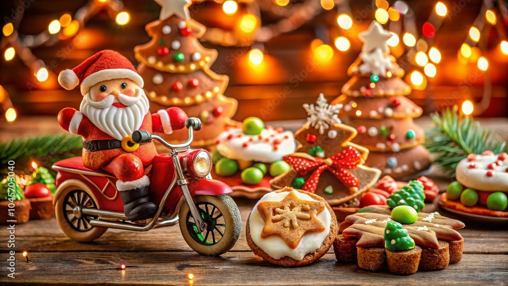 Obraz premium Festive Food Photography Featuring Christmas-Themed Treats and a Motorcycle Santa
