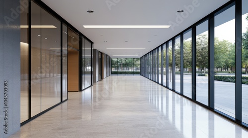 Sleek, modern corridor with expansive glass windows overlooking a serene outdoor view; the natural light enhances the minimalist design.