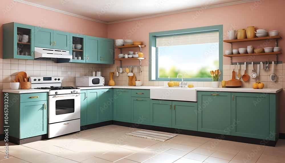 Fototapeta premium Cartoon Kitchen Room Background Image