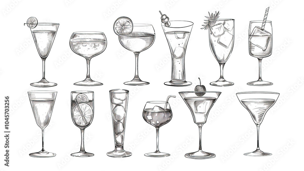 This collection features a variety of drink icons, including cocktails and soft drinks, illustrated in a detailed style This collection features a variety of drink icons, including cocktails and soft drinks, illustrated in a detailed style