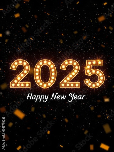 2025 in glowing marquee lights, happy new year text, golden bokeh particles, dark background, festive atmosphere, sparkles, celebration, night sky, illuminated numbers, warm light, glamorous, holiday 