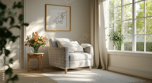 Cozy reading nook with armchair by a large window, sunlight filtering through, ideal for home interior inspiration, relaxation, and peaceful modern living room decor. photo