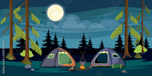 Vector illustration of a beautiful night forest landscape. Cartoon scenes of tourist tents, a fire with a cauldron, an ax with firewood, pine trees, Christmas trees, bushes, a starry sky, a big moon.