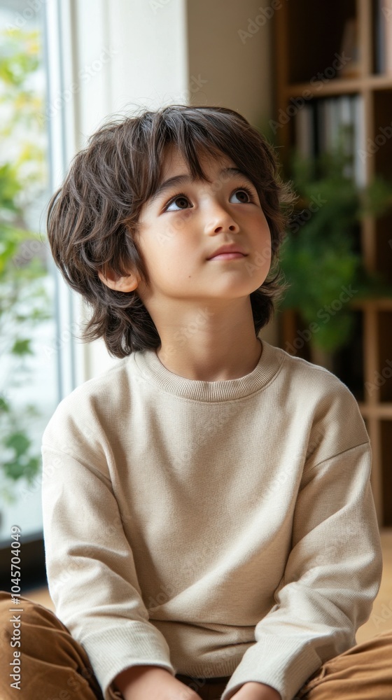 室内で上を見つめる思慮深い少年 - 教育や子育てのコンテンツのための静けさと反省 室内で上を見つめる思慮深い少年 - 教育や子育てのコンテンツのための静けさと反省