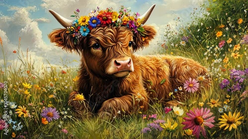 Highland cow wearing flower crown relaxing in meadow photo