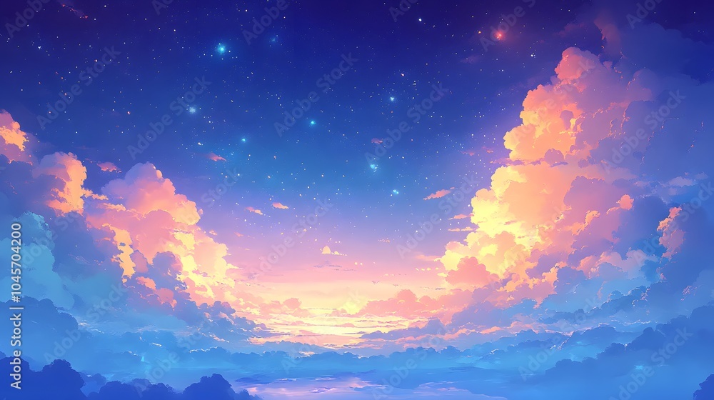 Colorful sunset clouds illuminated by stars in a serene, dreamy sky. Colorful sunset clouds illuminated by stars in a serene, dreamy sky.