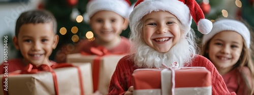 Happy Santa Claus distributing gifts Christmas in children with smiling face 