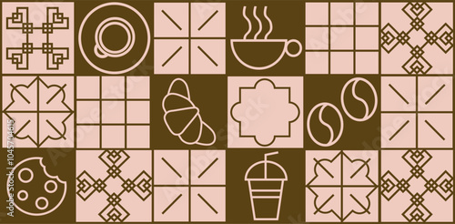 Hand drawn illustration of Bakery and Coffee. Icons. Abstract geometric line background. Gold luxury. Pattern for cover design, food package, menu, background, café wall, coffee shop, web banner
