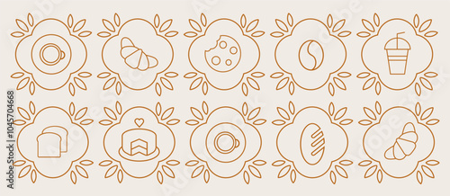Hand drawn illustration of Bakery and Coffee. Icons. Abstract geometric line background. Gold luxury. Pattern for cover design, food package, menu, background, café wall, coffee shop, web banner