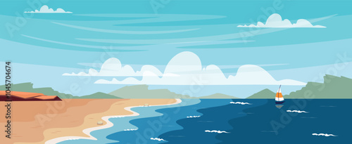 Vector illustration of a seascape.Cartoon scene of a beautiful sea coast with rocks of different shapes and sizes, sailboat, reflection in water,stones,sea waves, sand,sky with white clouds.Sea beach.