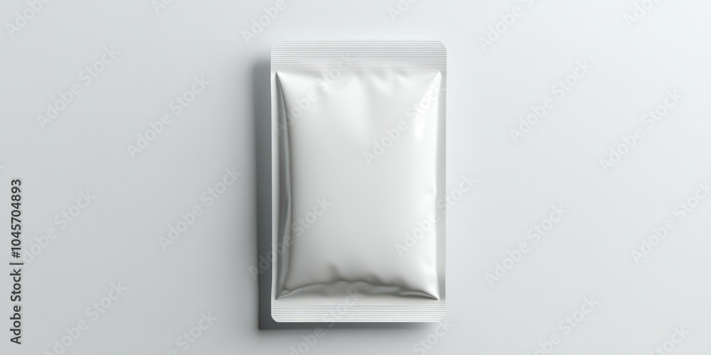 Blank white foil packet on light background for branding concepts Blank white foil packet on light background for branding concepts