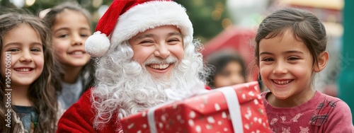 Happy Santa Claus distributing gifts Christmas in children with smiling face  photo