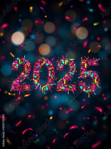 New Year 2025, colorful candy canes forming numbers, festive lights bokeh, dark background, confetti, celebration, vibrant colors, holiday atmosphere, digital art, 3D rendering, high contrast, sparkli