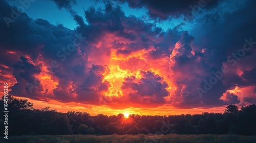 A vibrant sunset illuminating dramatic clouds over a serene landscape.