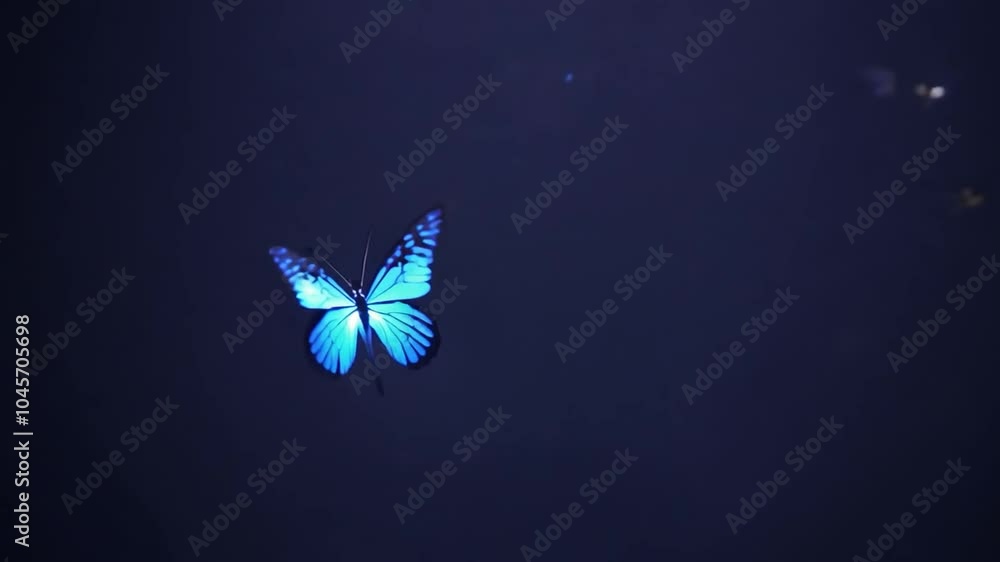 A single blue butterfly with white markings, flying in front of a dark background.