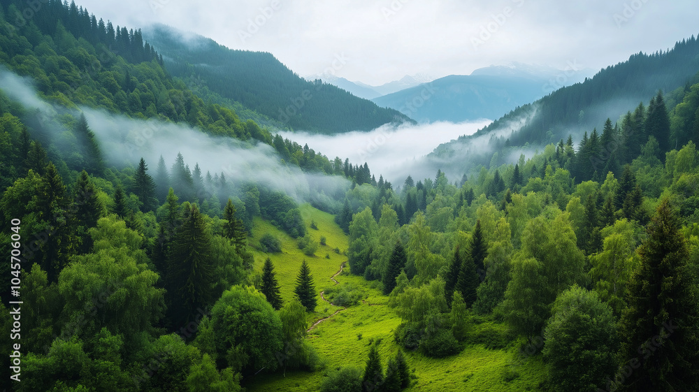Fototapeta premium Lush green valley surrounded by misty mountains creates serene atmosphere