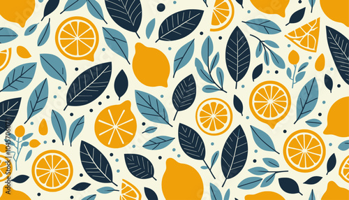 Seamless flat pattern featuring lemons and leaves with a fresh, vibrant design