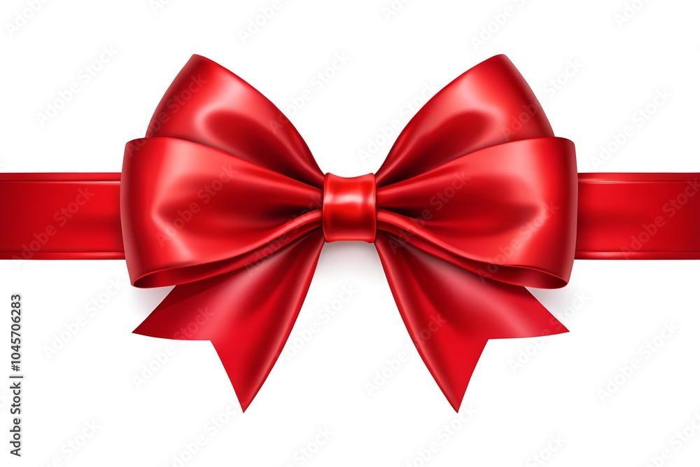 Fototapeta premium Realistic red satin ribbon tied into a beautiful bow on a white background. Perfect for gift wrapping, holiday designs, or greeting cards with ample copy space.
