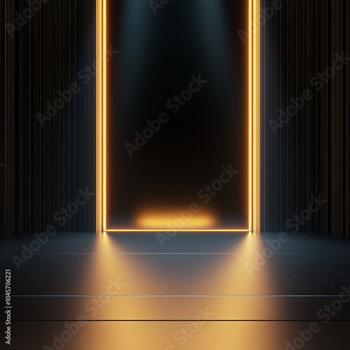Golden Frame on Stage: A Minimalist Portal with Focused Spotlights and Dark Curtains