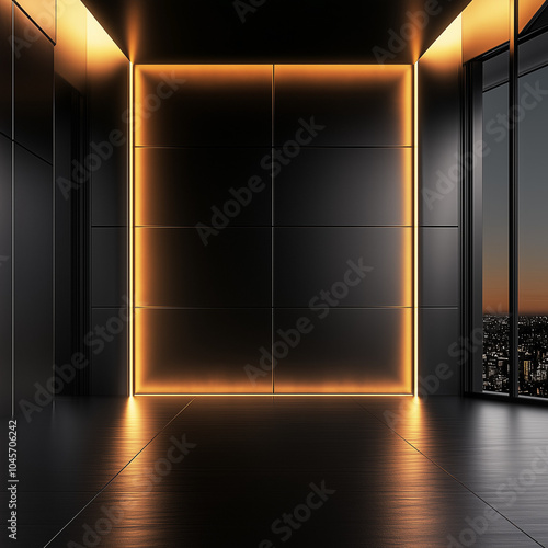 Golden Frame in a Modern Black Room: A Luminous Portal in Minimalist Interior Design