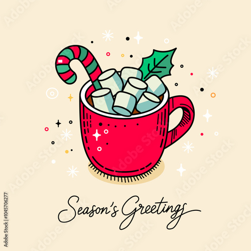 greeting card with cup of marshmallow and hot chocolate and handwritten inscription Season of greetings. flat vector illustration
