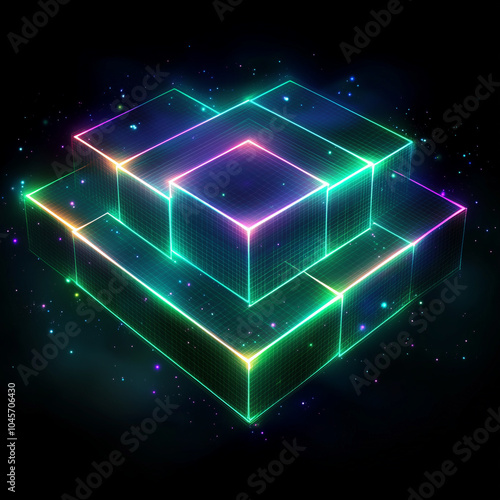 Luminous Floating Cubes: A Multicolored Geometric Sculpture in the Void