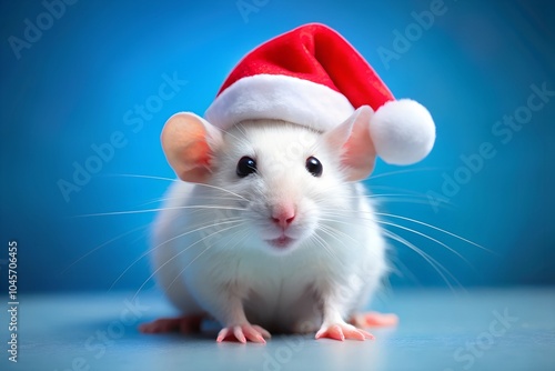 Adorable white mouse wearing a Santa hat on a blue background. Perfect for Christmas animal mockups and festive product designs.