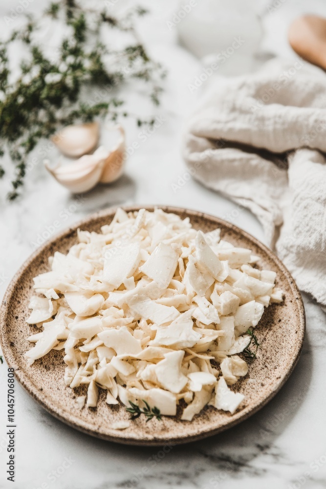 The preparation area showcases a pile of thinly sliced white vegetables on a rustic plate, surrounded by fresh herbs and garlic on a marble surface The preparation area showcases a pile of thinly sliced white vegetables on a rustic plate, surrounded by fresh herbs and garlic on a marble surface