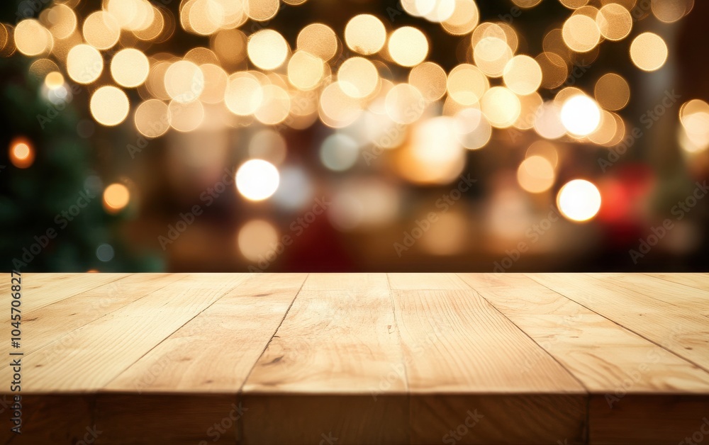 A clean and empty wooden table top against a vibrant, blurred background of sparkling Christmas lights in bokeh A clean and empty wooden table top against a vibrant, blurred background of sparkling Christmas lights in bokeh