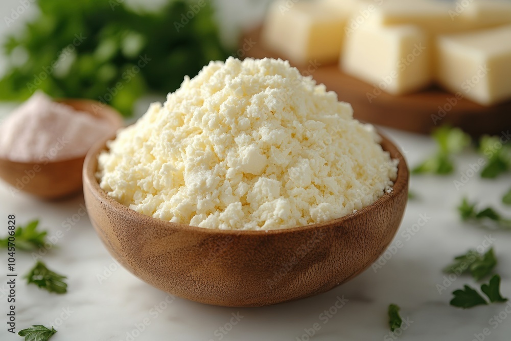 Fresh Crumbled Cheese in Wooden Bowl with Herbs Fresh Crumbled Cheese in Wooden Bowl with Herbs