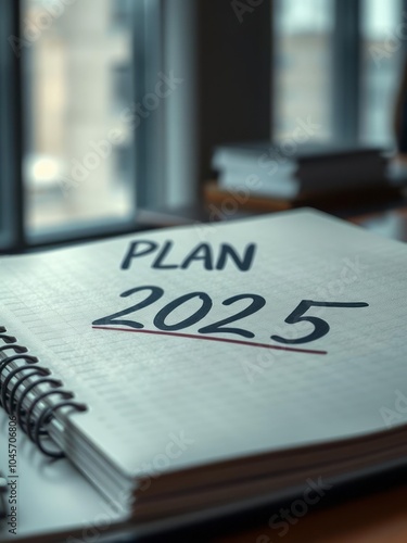 Notebook with "Plan 2025" written on it, close-up view, spiral binding, shallow depth of field, blurred office background, soft lighting, muted colors, planning concept, future goals, business strateg