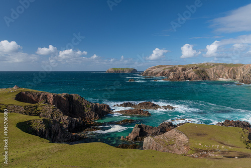 Mangersta sea stacks, natural rock formations in sea off coast Isle of Lewis, Outer Hebrides, Scotland photo