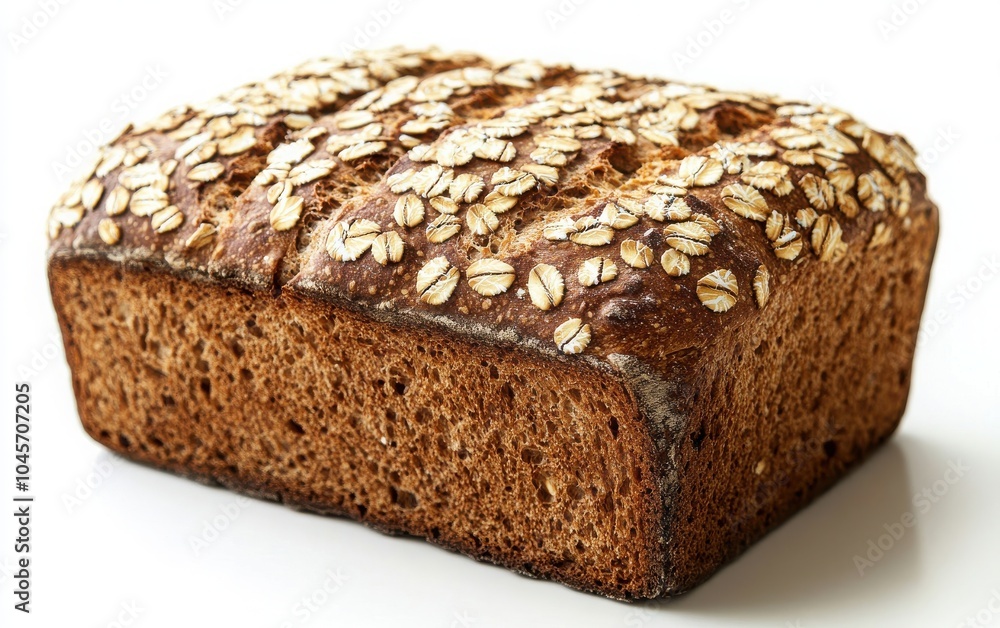 A rustic whole grain bread loaf with oats, perfectly sliced for serving, placed against a white background, showcasing the texture and health benefits of freshly baked bread A rustic whole grain bread loaf with oats, perfectly sliced for serving, placed against a white background, showcasing the texture and health benefits of freshly baked bread