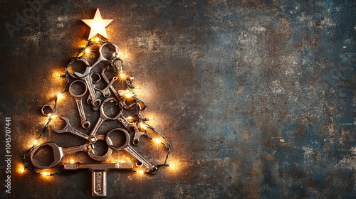 A Christmas tree made of wrenches, string lights, and a star. Industrial holiday card with space for a festive message. 