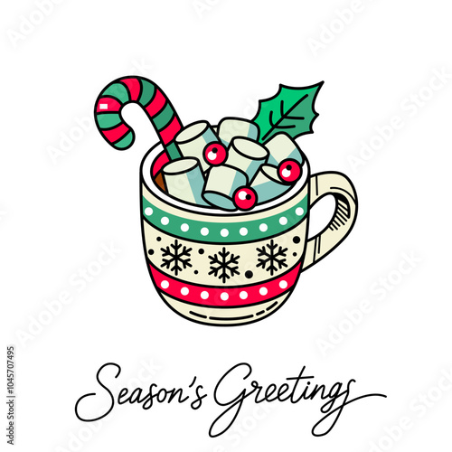 greeting card with cup of marshmallow and hot chocolate and handwritten inscription Season of greetings. flat vector illustration