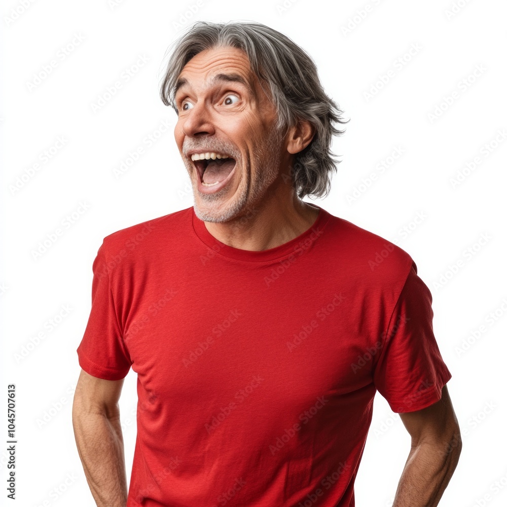 Excited man in red shirt expressing joy with open mouth and gray hair Excited man in red shirt expressing joy with open mouth and gray hair