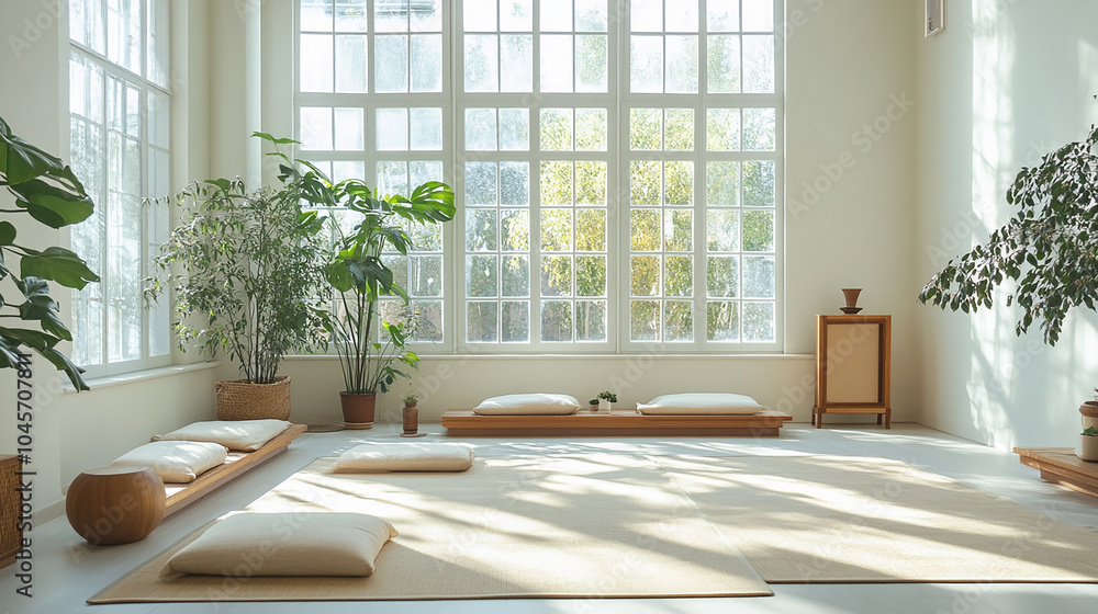 A bright room with large windows, light beige walls, and several potted plants. Beige meditation cushions are on the floor. A bright room with large windows, light beige walls, and several potted plants. Beige meditation cushions are on the floor.