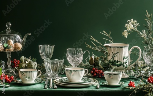 An elegant table setting showcasing kitchen accessories like cups, plates, and glasses, enhanced by decorative showpieces and greenery photo