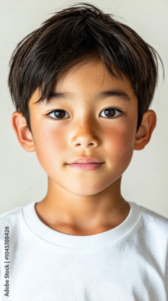 デジタルメディアと若者向けキャンペーン用の白いシャツを着たそばかすのある少年のポートレート デジタルメディアと若者向けキャンペーン用の白いシャツを着たそばかすのある少年のポートレート