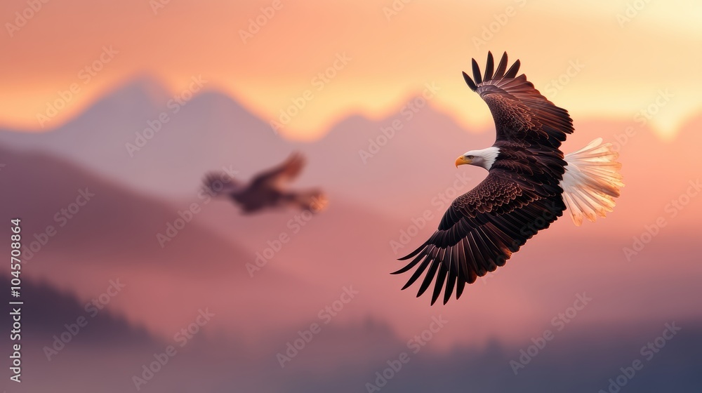 Fototapeta premium A bald eagle soaring high above a mountain range, with a majestic spread of wings and a sense of freedom.