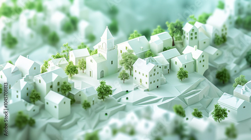 miniature village with green trees and soft lighting, serene architectural model, peaceful small town landscape, detailed white structures in natural harmony, concept of simplicity and tranquility photo