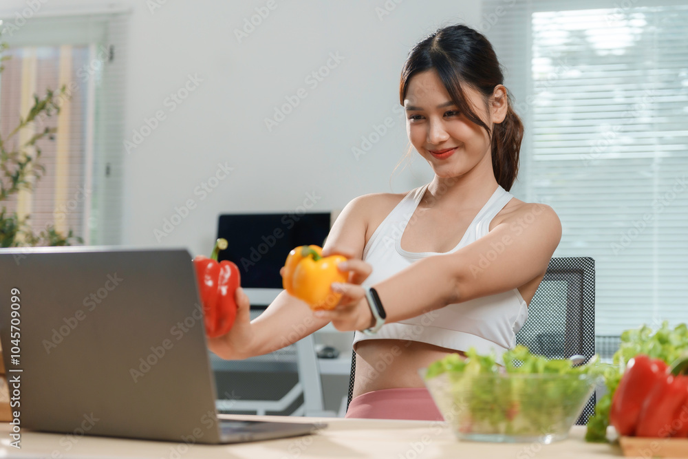 Young woman is holding up fresh bell peppers while following an online healthy cooking class on her laptop Young woman is holding up fresh bell peppers while following an online healthy cooking class on her laptop