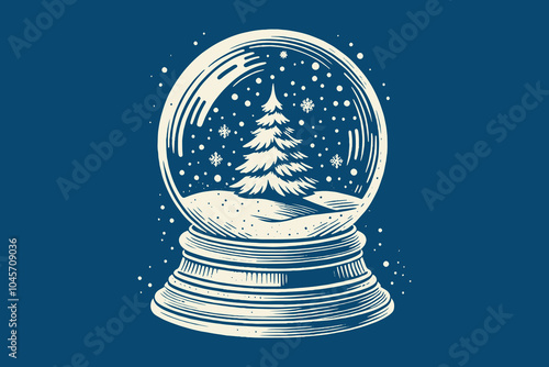 Snow globe. vintage retro hand drawn vector, engraving emblem, print on a blue background, icon, cut out