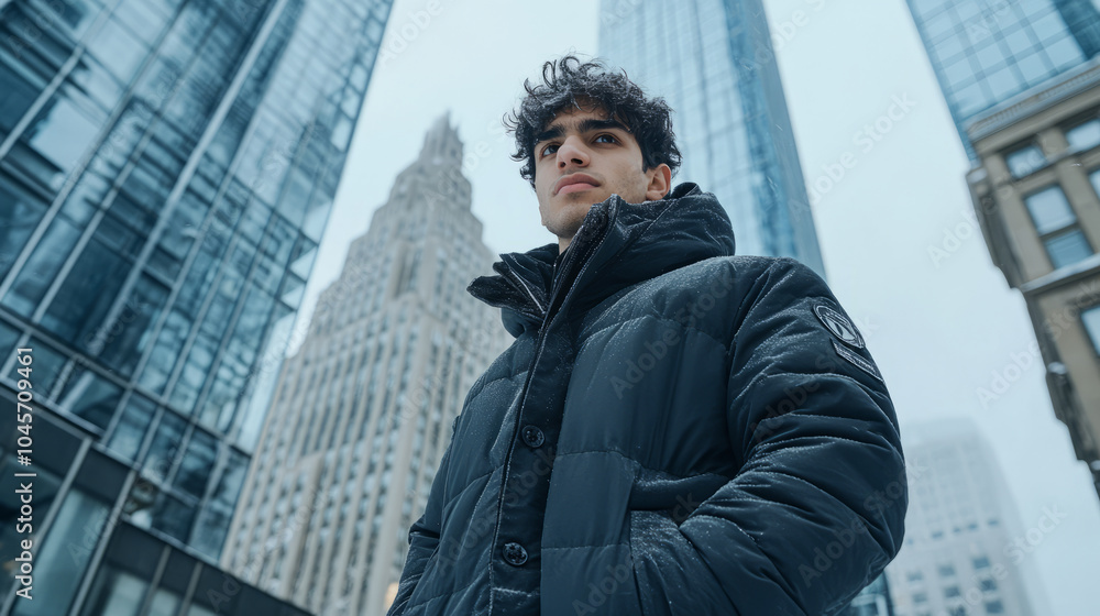 Young Hispanic man wearing a stylish winter coat, standing in a modern city square with tall glass buildings in the background. Urban winter fashion and lifestyle concept. Young Hispanic man wearing a stylish winter coat, standing in a modern city square with tall glass buildings in the background. Urban winter fashion and lifestyle concept.